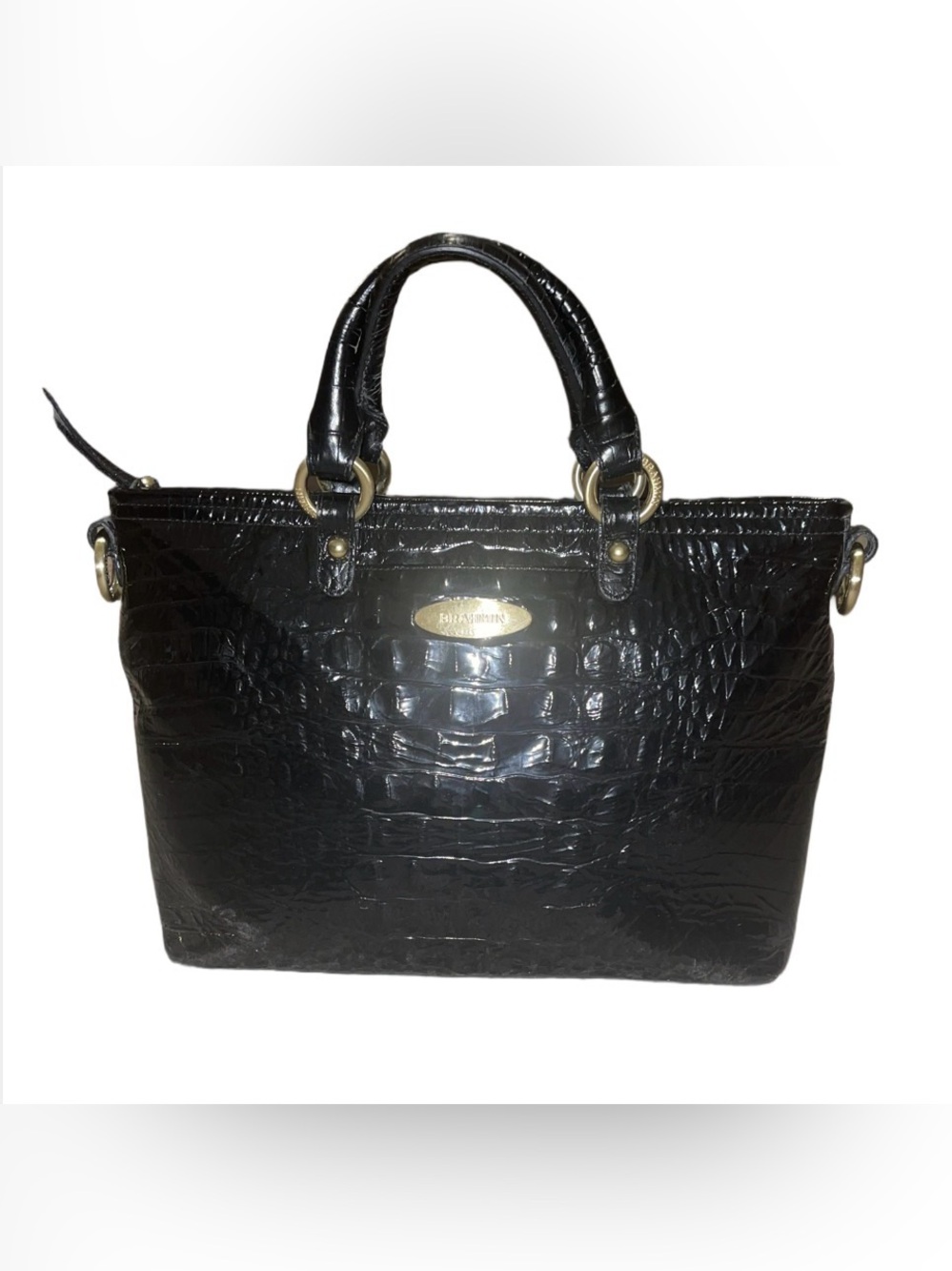 Brahmin Black Croc-Embossed Leather Tote with Gold Hardware